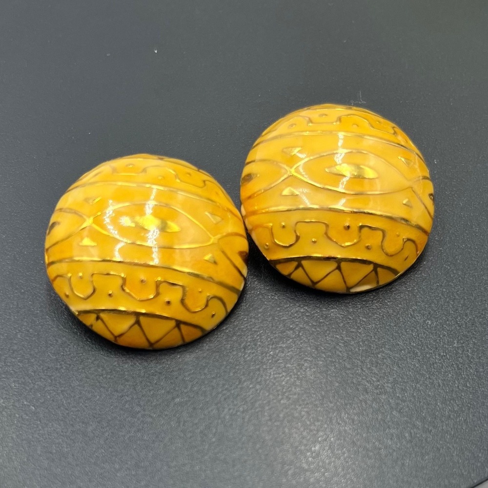 Vintage 1980's Yellow Enamel and Gold Clip‎ on Geometric Dome Earrings